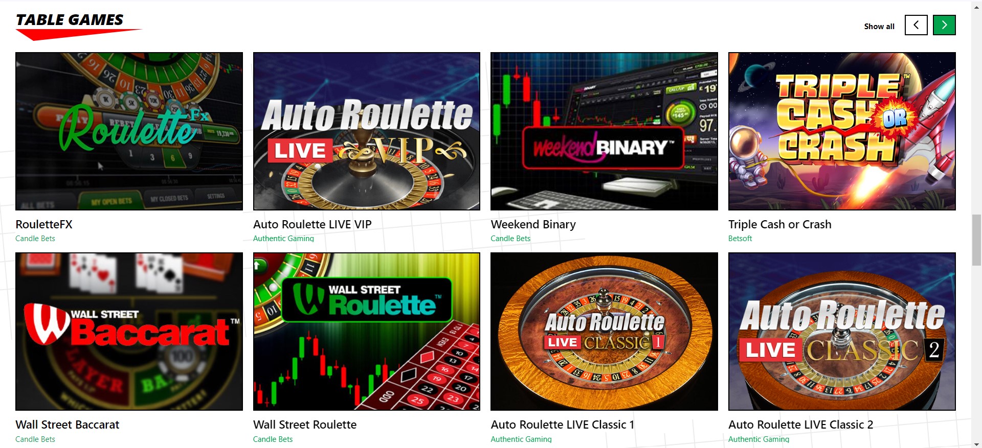Bets Amigo Casino screenshot van het aanbod tafelspellen