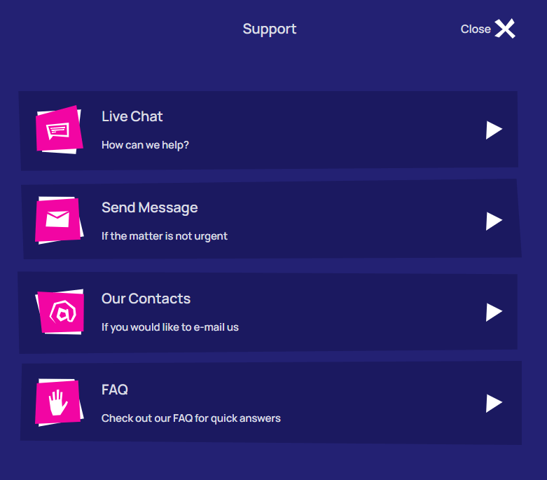Royspins Online Casino – support page