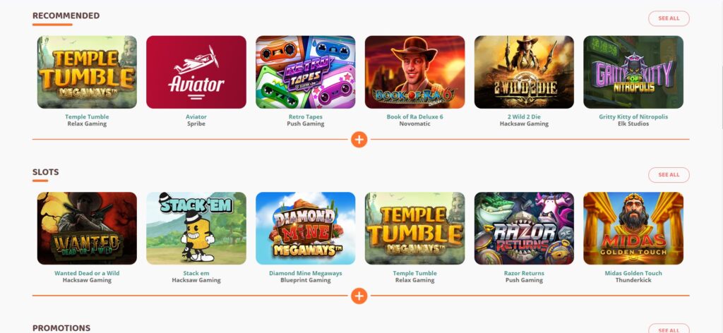 Screenshot games aanbod Moi Casino