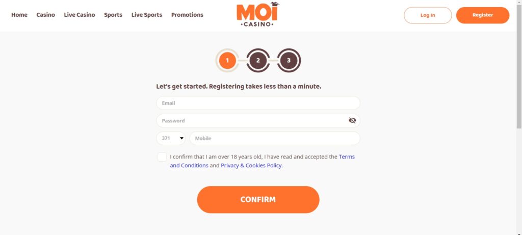 Screenshot van registratie bij Moi Casino