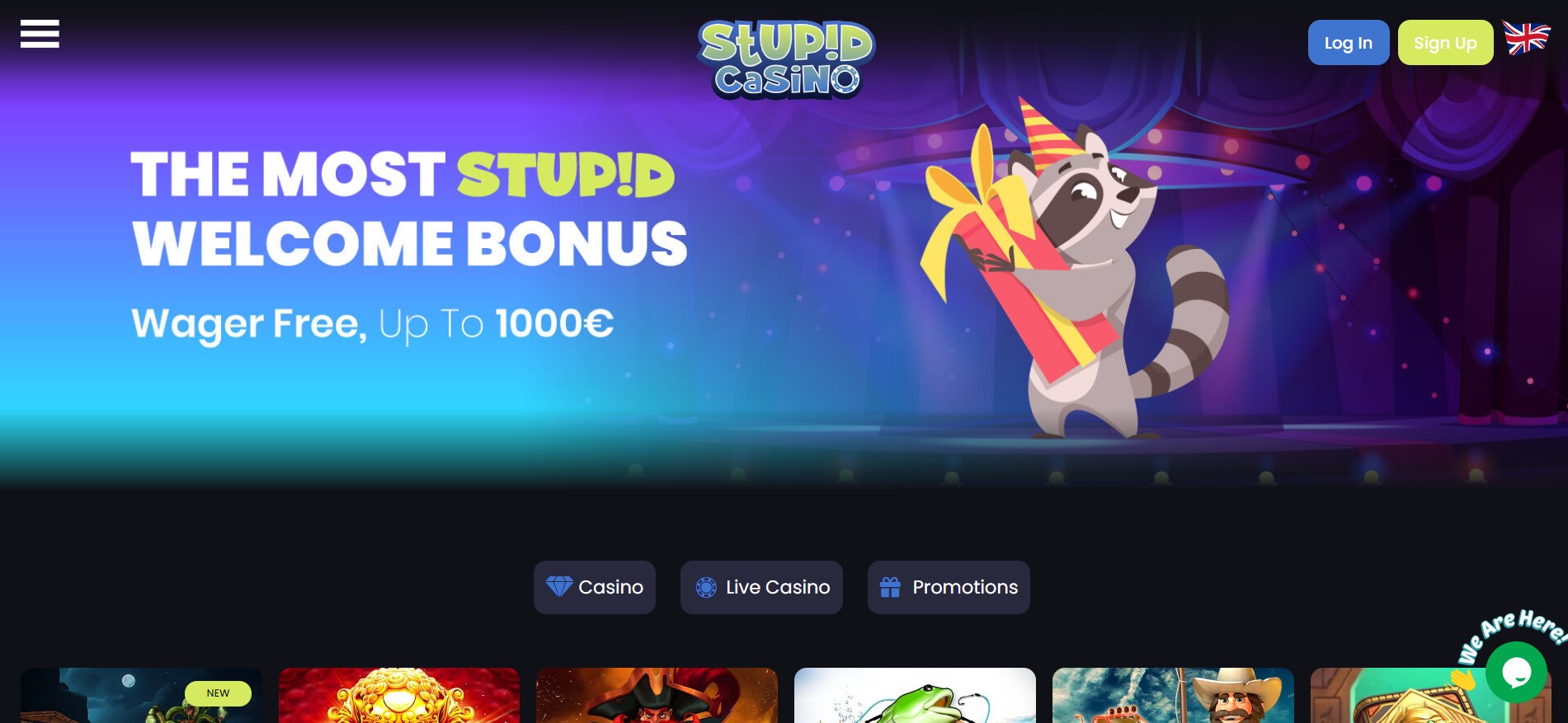 screenshot van de hoofdpagina van de stupid casino website