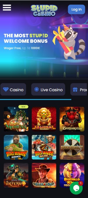 mobiele screenshot van de hoofdpagina van de stupid casino website