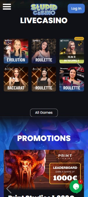mobiele screenshot van de lijst met stupid casino live casinospellen