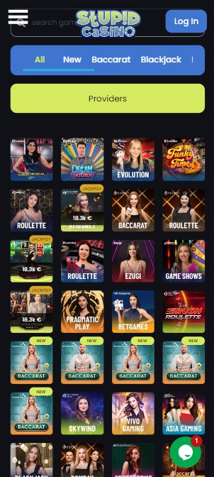 mobiele screenshot van de lijst met casinospellen bij stupid casino