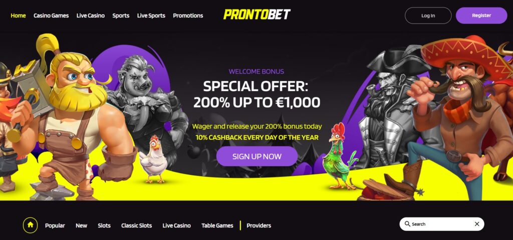 ProntoBet casino welkomstscherm