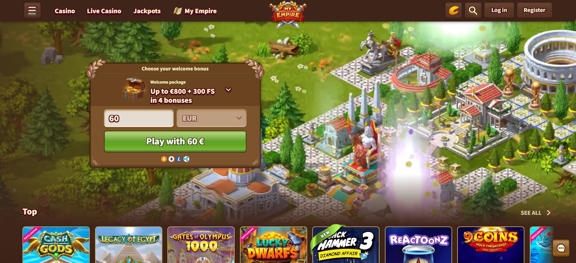 een screenshot van de MyEmpire Casino homepage