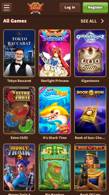 mobiele screenshot van lijst met alle MyEmpire Casino-spellen