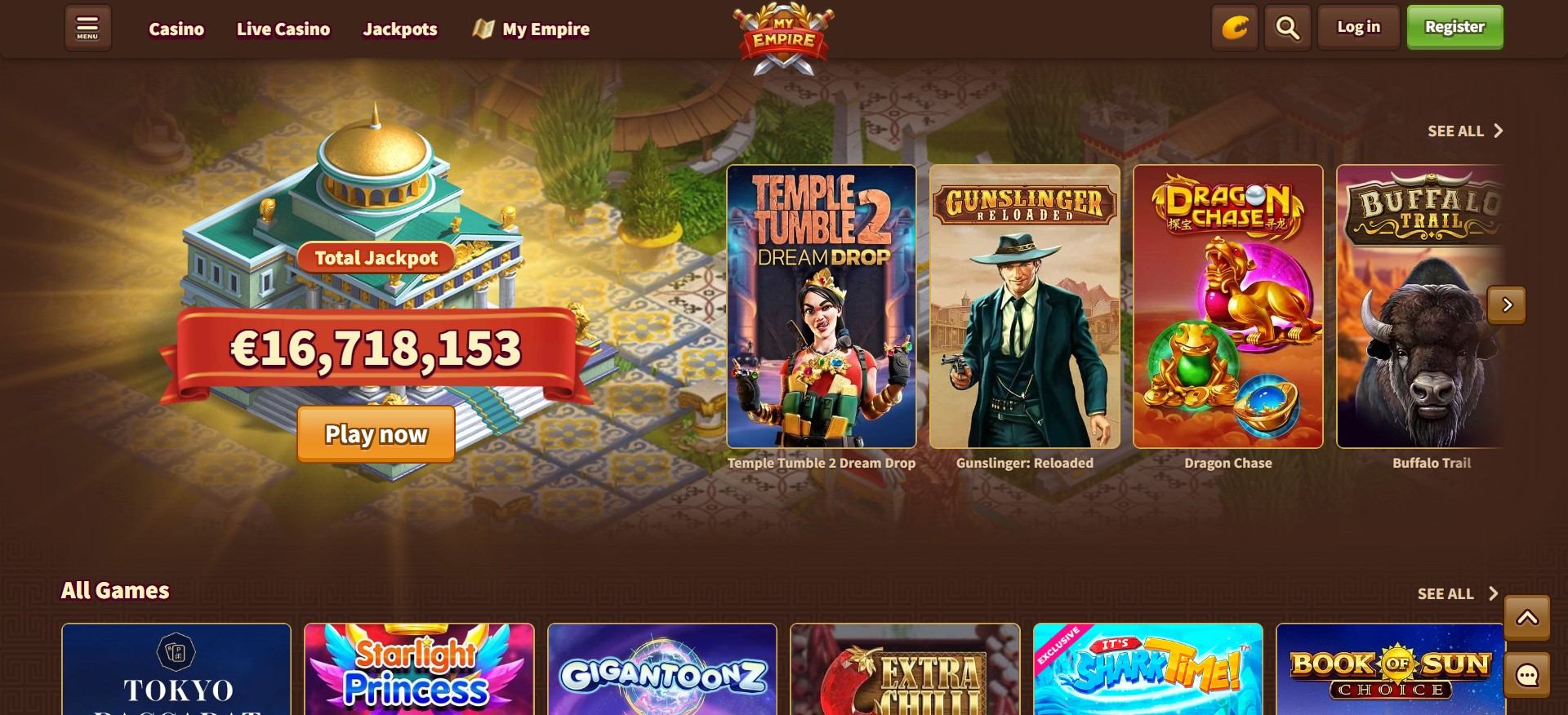 screenshot met een lijst met spellen op de MyEmpire Casino
