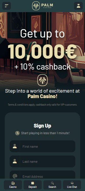 mobiele screenshot van Palm Casino startpagina