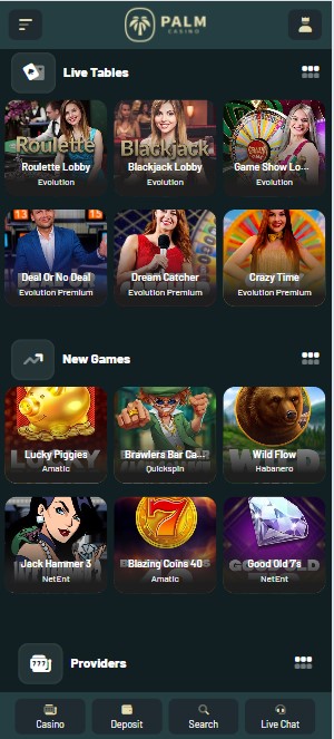 mobiele screenshot van tafelspelopties van Palm Casino
