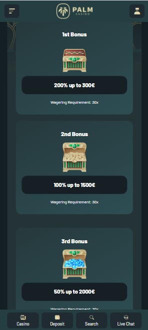 mobiele screenshot van aanbiedingen van Palm Casino bonus
