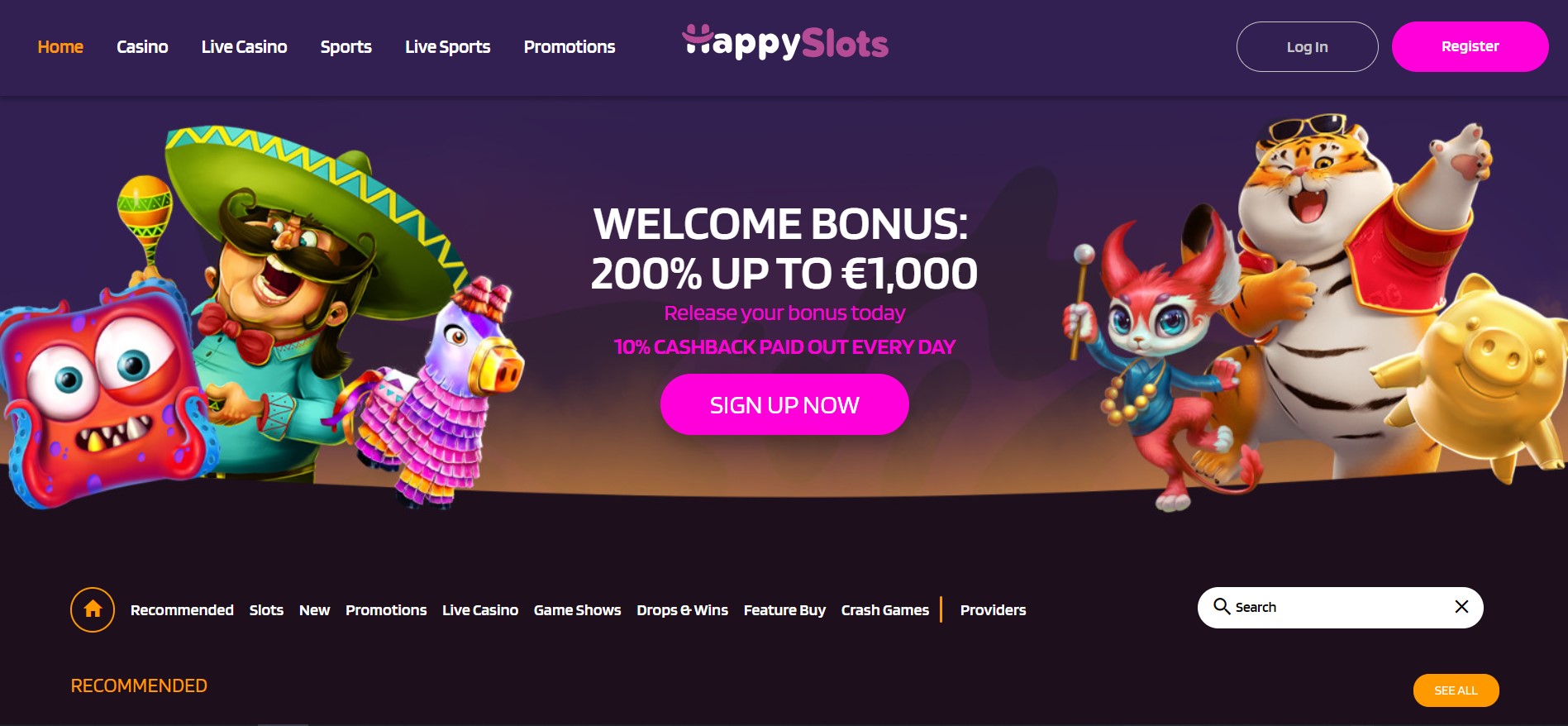 screenshot van de hoofdpagina van Happy Slots