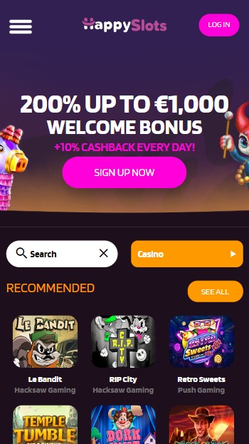 mobiele screenshot van de startpagina van HappySlots casino