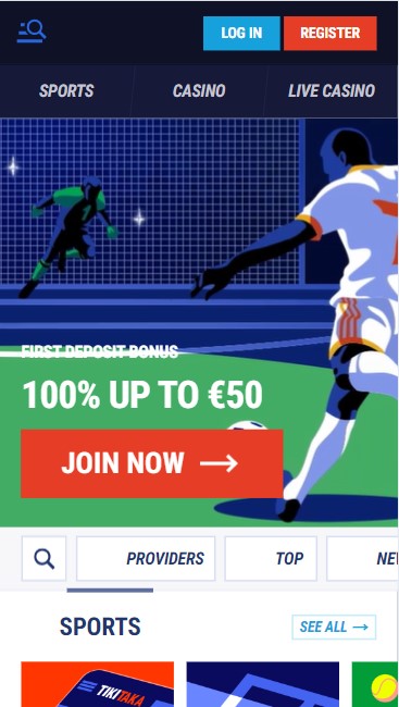 mobiele screenshot van de hoofdpagina van TikiTaka Casino