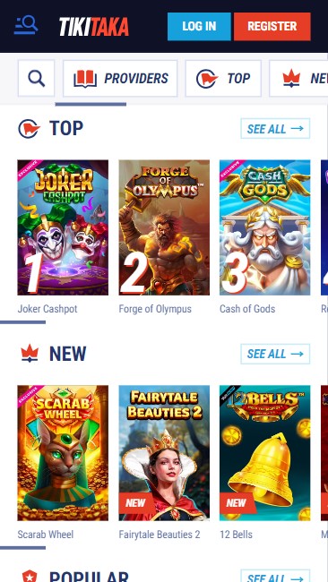 mobiele screenshot van de top gokkasten op de TikiTaka casino