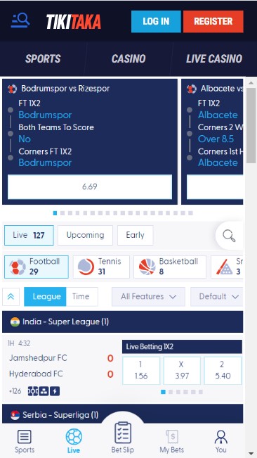 mobiele screenshot van desportaanbiedingen bij TikiTaka