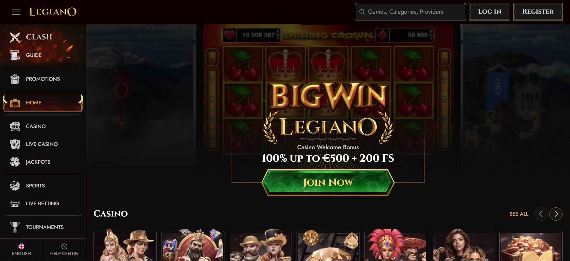 een welkomstbonus op de hoofdpagina legiano casino