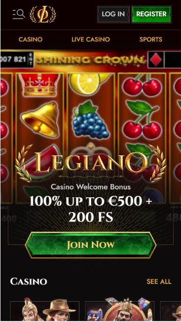 screenshot van de homepage van legiano casino op een mobiele telefoon