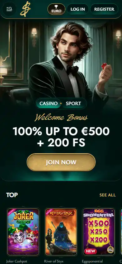 mobiele screenshot van de startpagina cashed casino