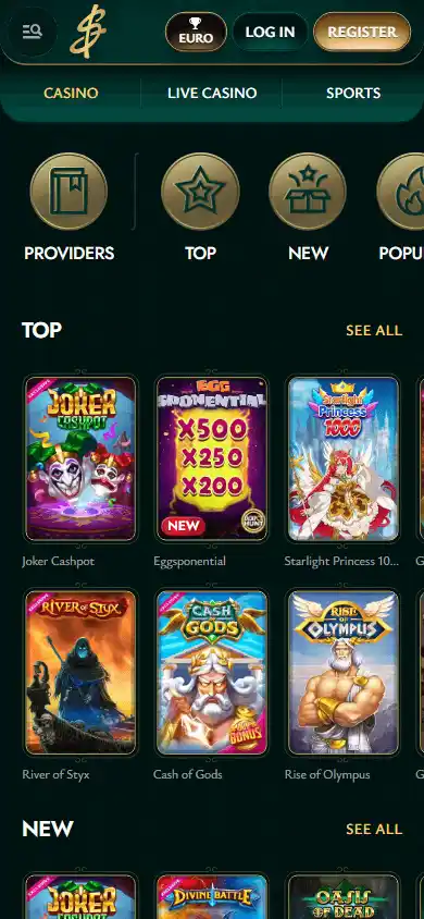 mobiel screenshot van top casinospellen bij cashed casino