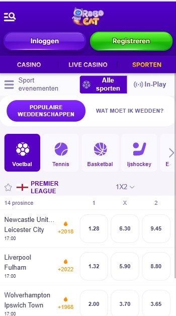 mobiele screenshot van voetbalweddenschappen bij robocat Casino